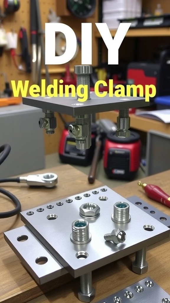 A 3-axis welding clamp in a workshop setting, demonstrating its ability to hold materials securely for welding.